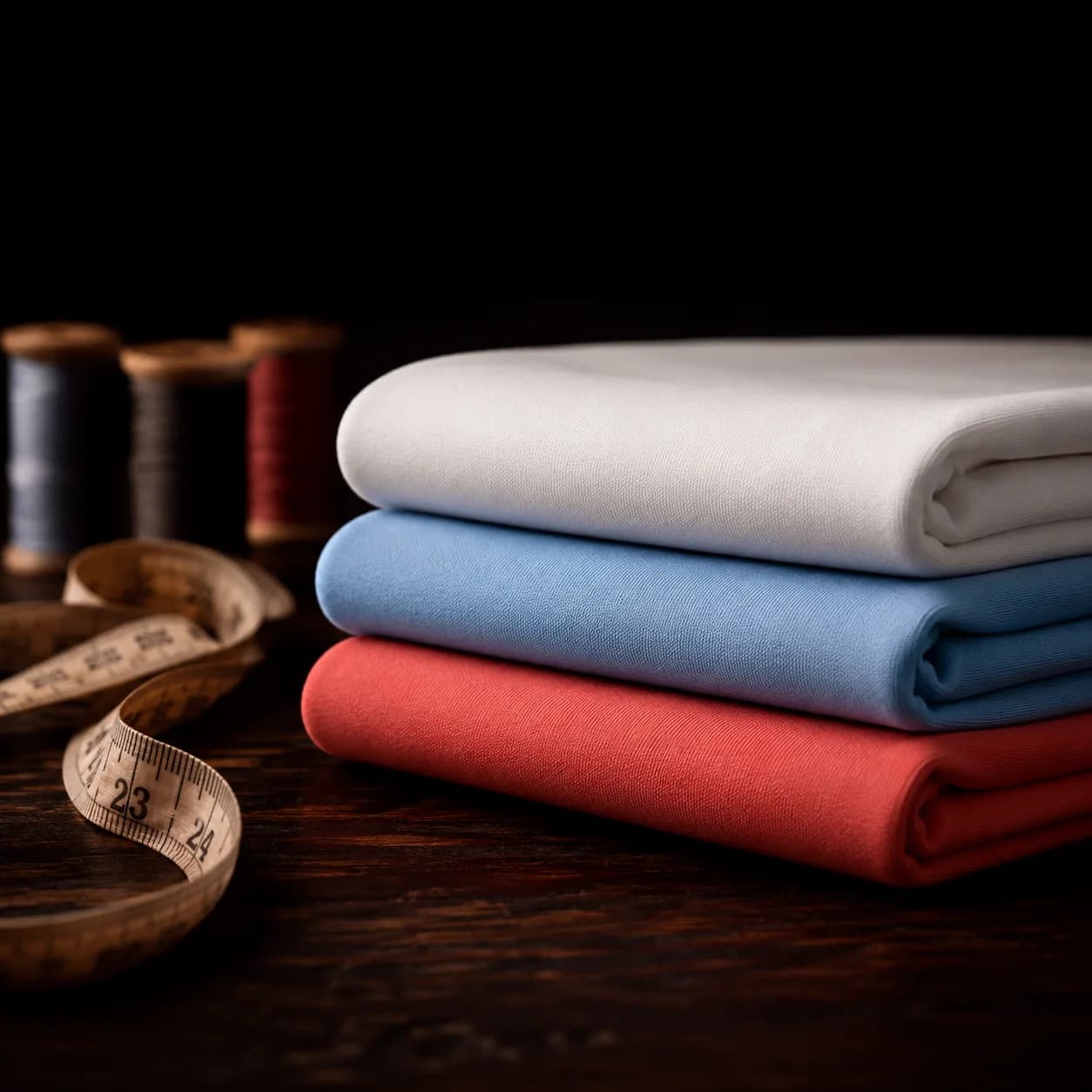 Three folded jersey knit fabrics in navy, classic blue and burnt orange on a tailor's table