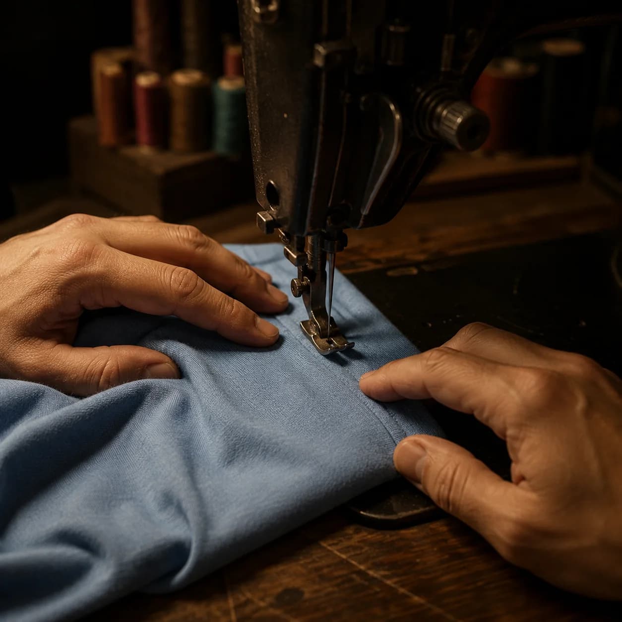 A tailor's hands guiding navy jersey knit under a vintage sewing machine